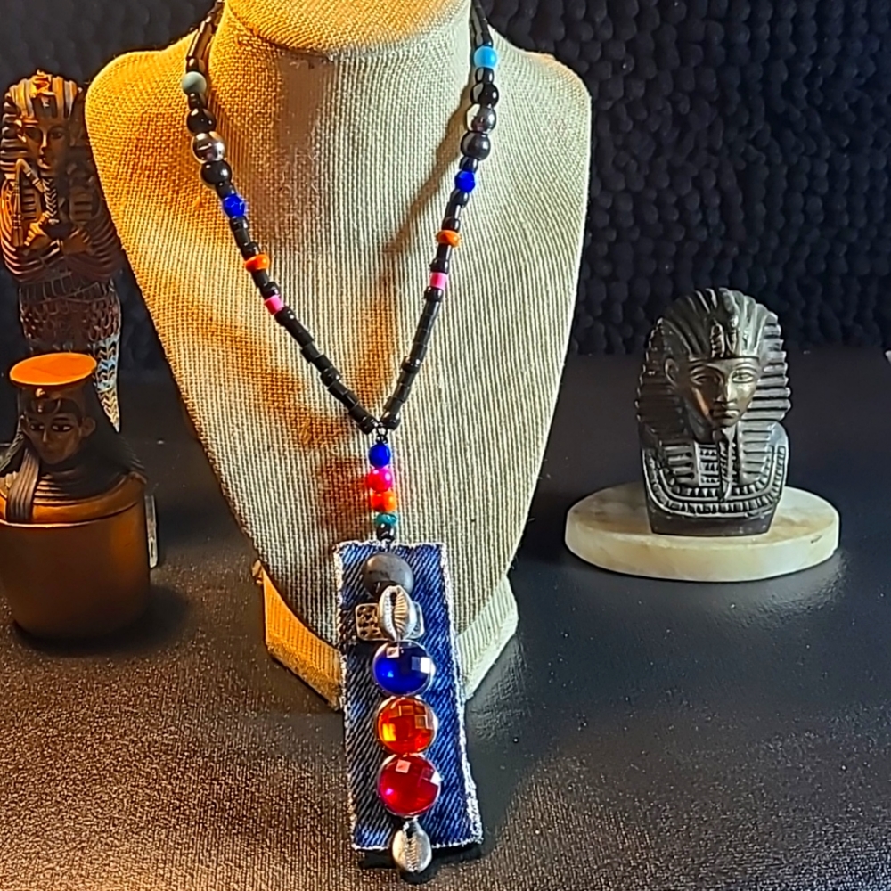 Bohemian style cowrie shells denim fabric necklace